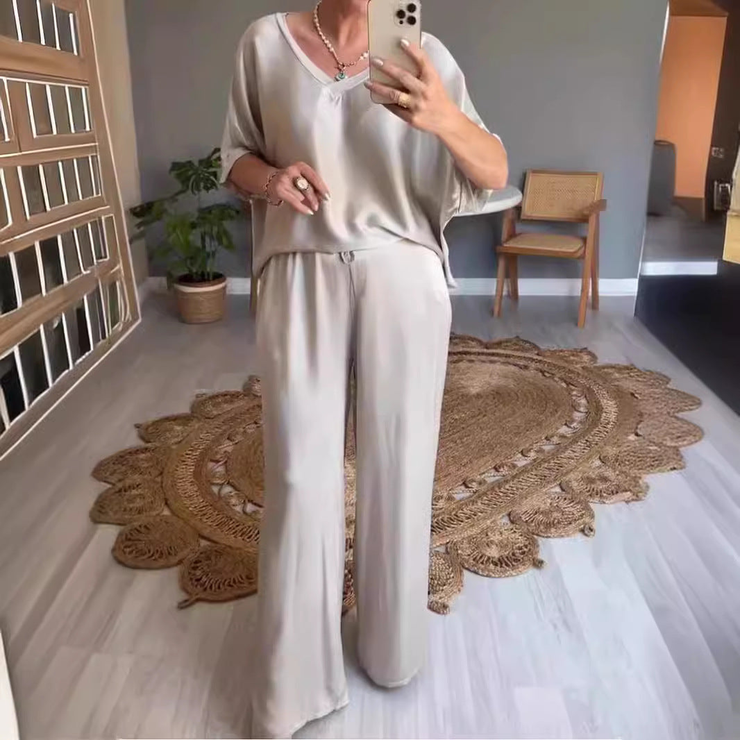 WOLFF | Einfarbiges Seiden-V-Ausschnitt-Casual-Set