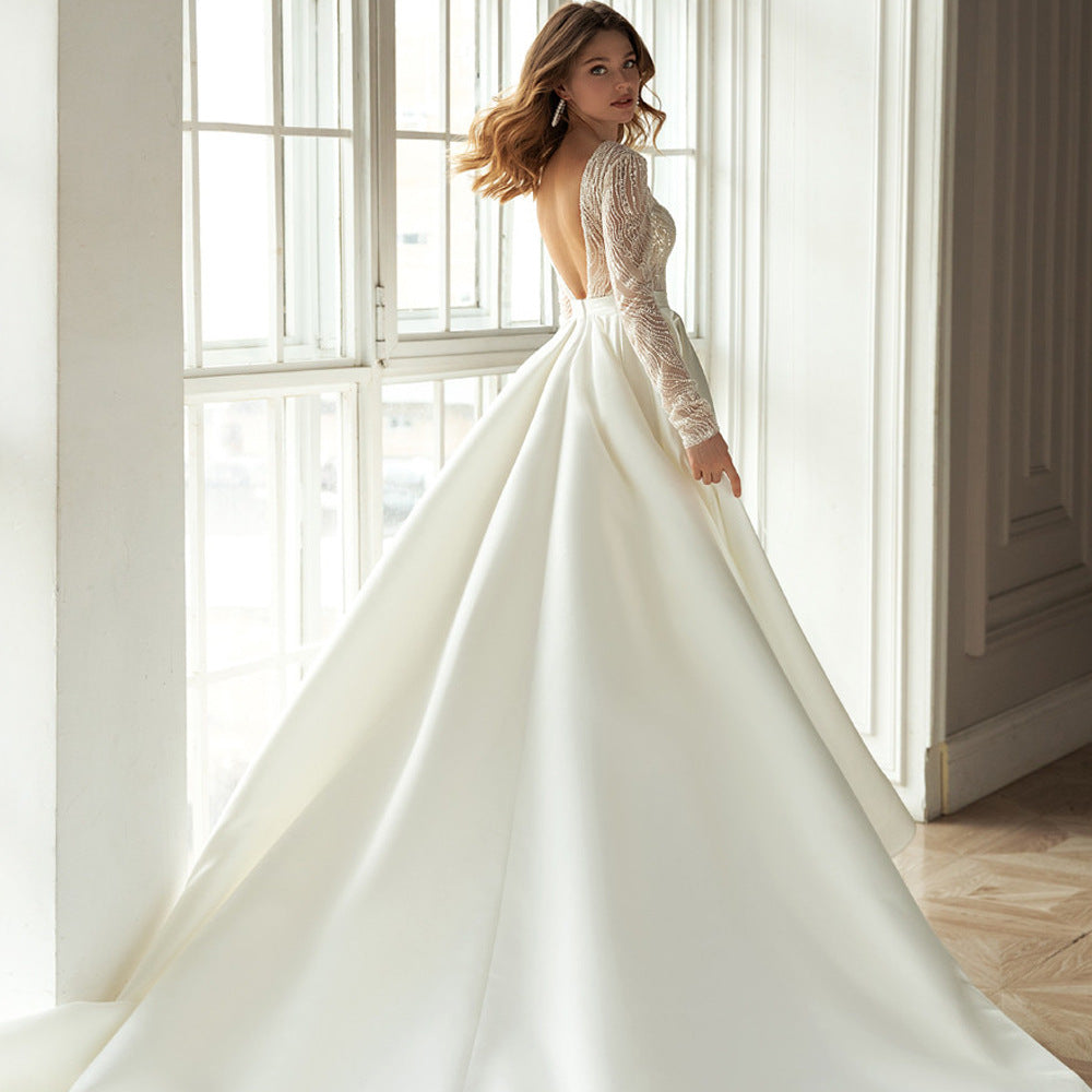 WOLFF | Goldene Prägung Hohler V-Ausschnitt Weißes Abendkleid