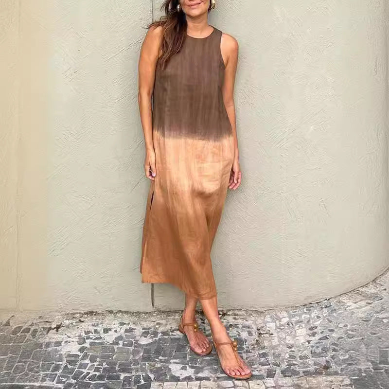 WOLFF | Baumwolle Leinen Ärmelloses Schlitz Gradient Kleid