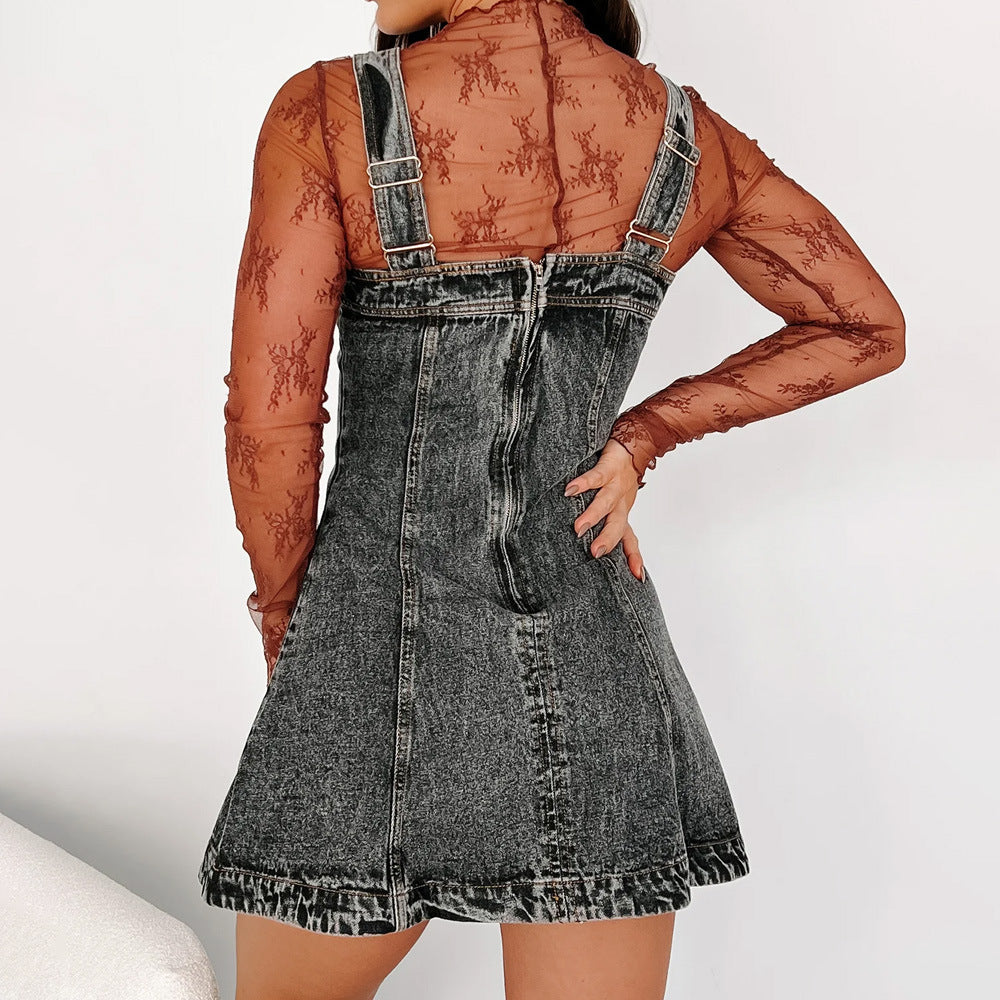 1Square Neck Adjustable Strap Distressed Denim Dress