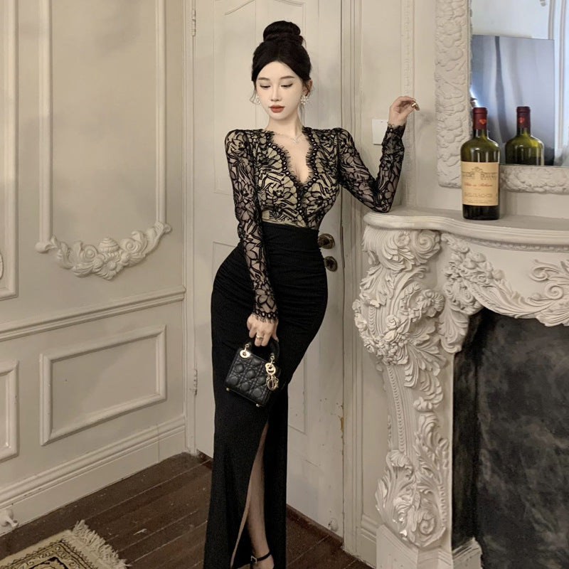 WOLFF | V-Ausschnitt Spitze Spliced Schlitzkleid