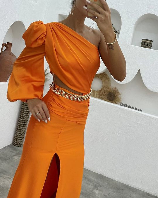 WOLFF | Ein-Schulter Langarm-Schlitz Lang Kleid