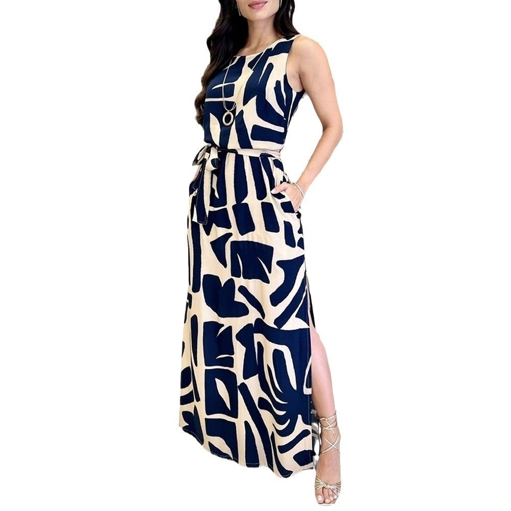 1Printed Waist-Cinching Split Vacation Dress