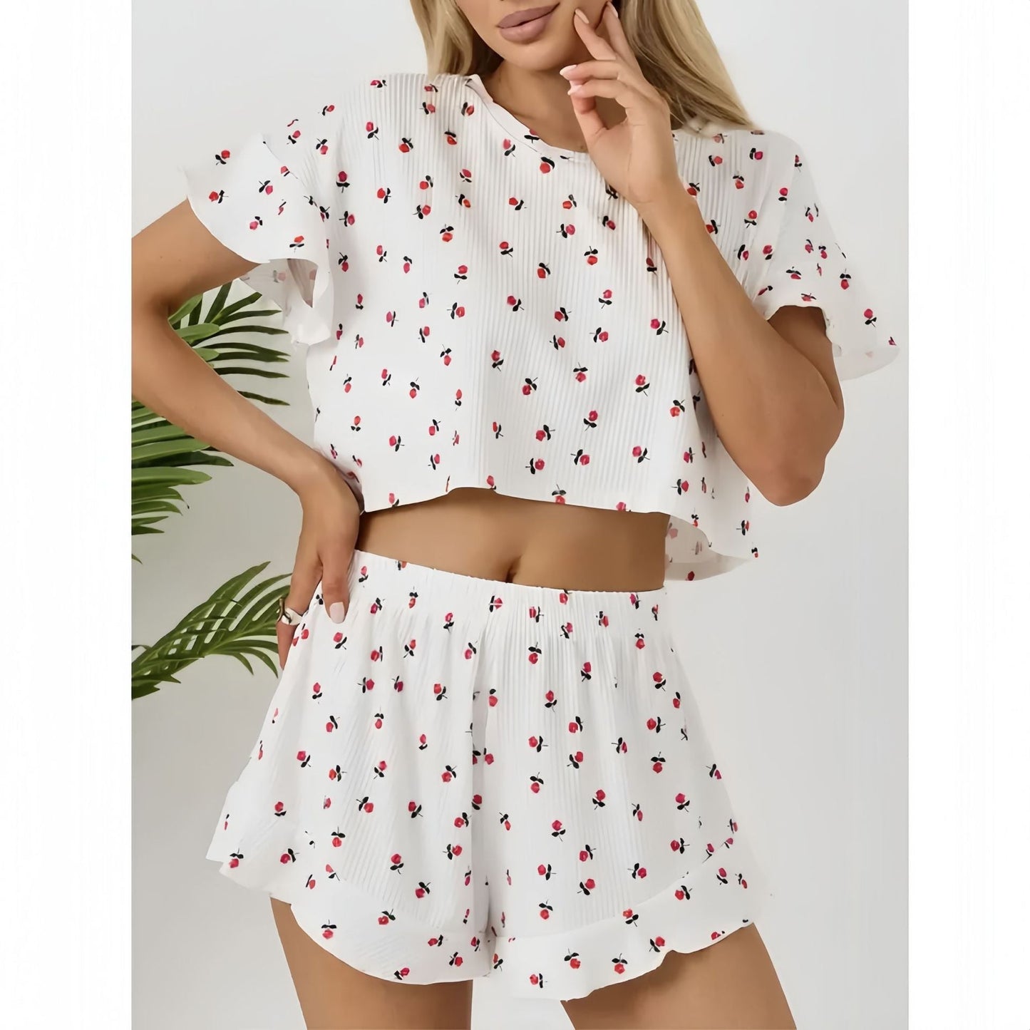 WOLFF | Blumenstreifen Rüsche Ärmel Shorts Homewear