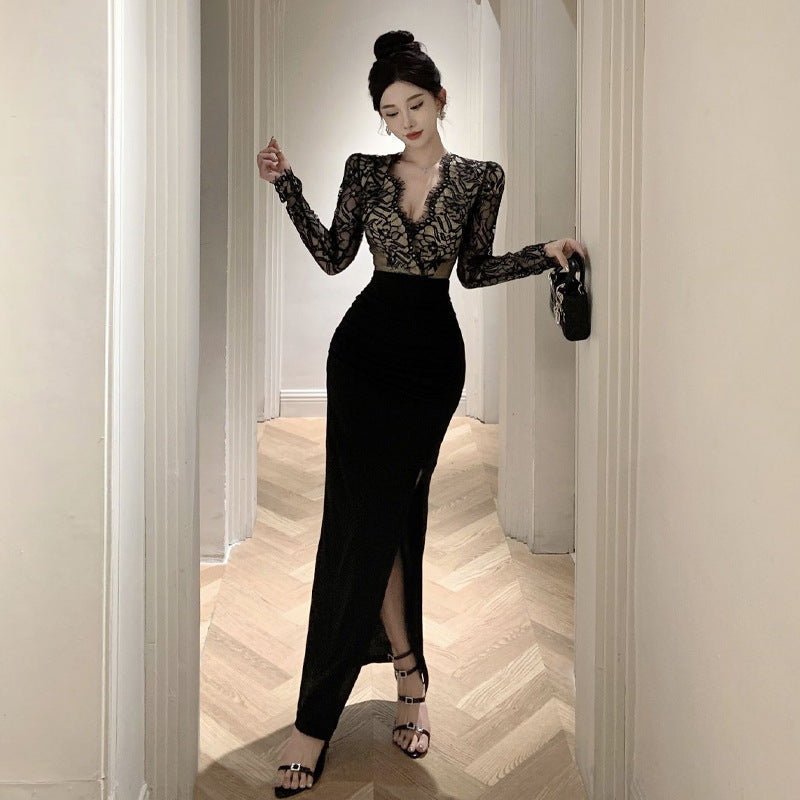 WOLFF | V-Ausschnitt Spitze Spliced Schlitzkleid