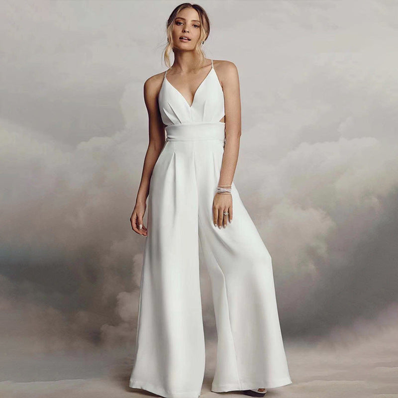 WOLFF | Ärmelloser Spaghetti-Träger V-Ausschnitt Bodycon Rückenfreier Jumpsuit