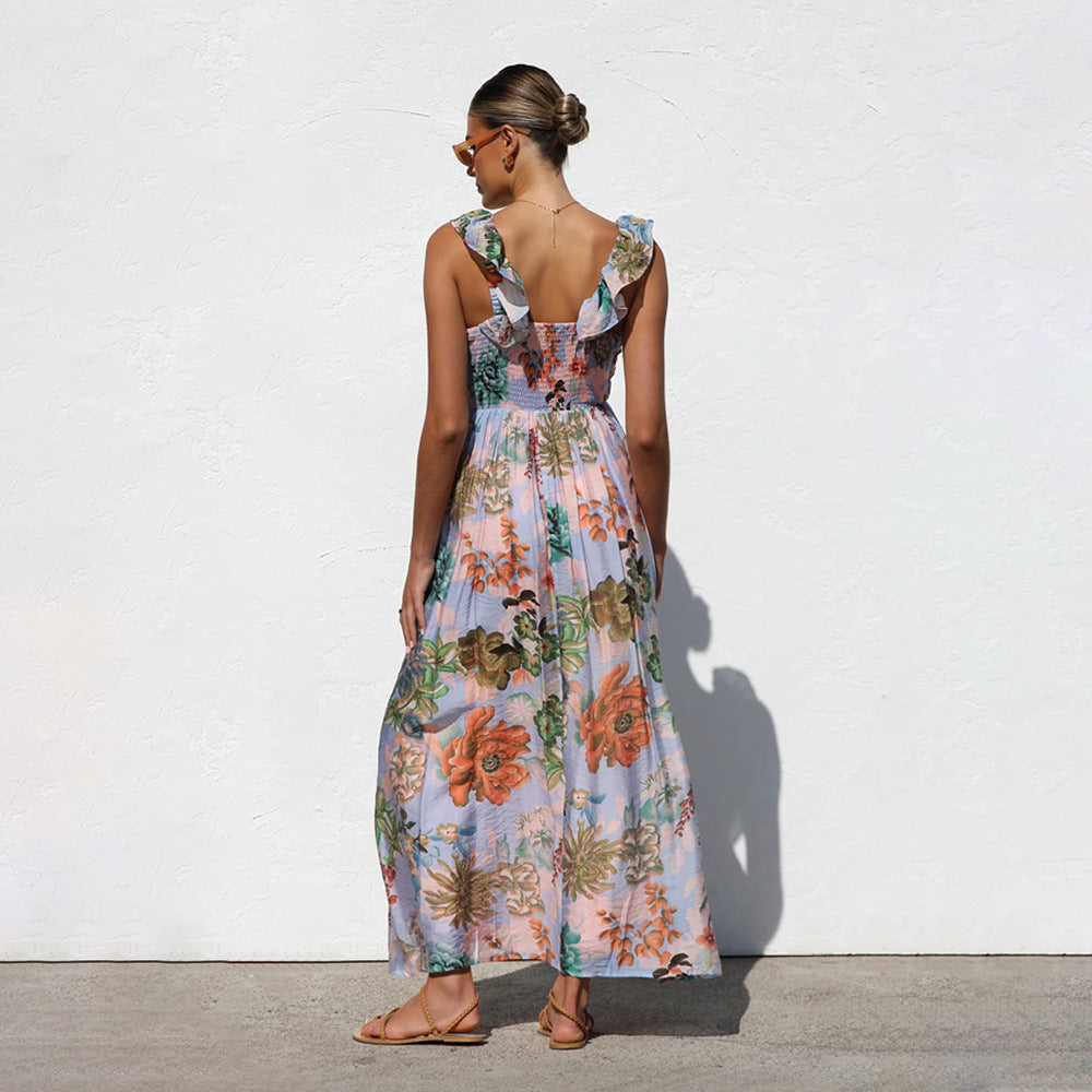 1Printed Lace Strap Vacation Beach Dress