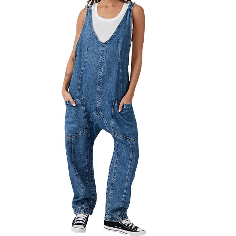 1Pocket Adjustable Strap Denim Jumpsuit