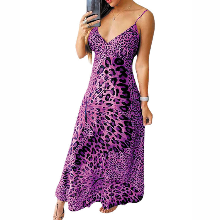 WOLFF | Leopard-Print-Schmetterlingsmuster-V-Ausschnitt-Ärmelloses-Basiskleid
