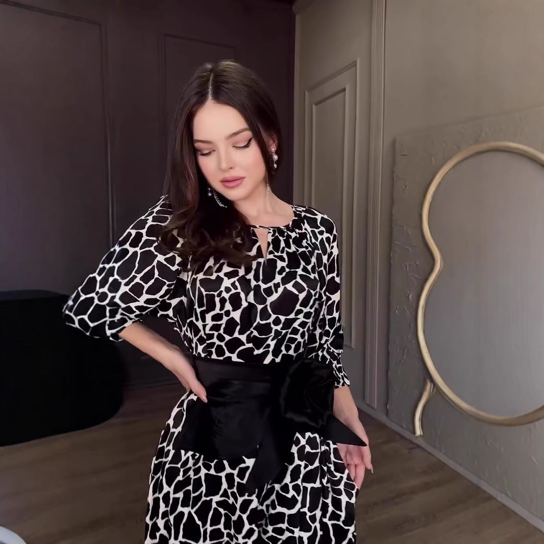 1Loose Big Swing Printed Three-Quarter Sleeve Dress