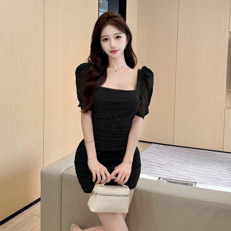 WOLFF | Puff Sleeve Low-Cut Square Neck Dress