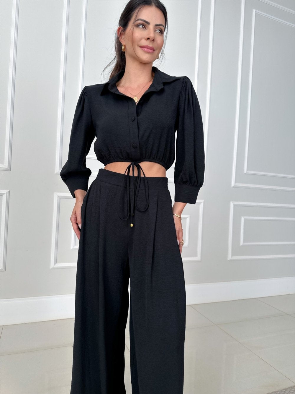1Top High-Waisted Wide-Leg Pants Two-Piece Set