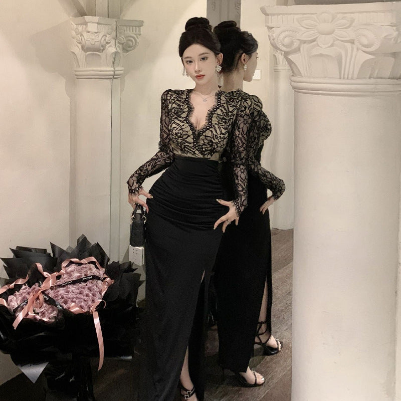 WOLFF | V-Ausschnitt Spitze Spliced Schlitzkleid