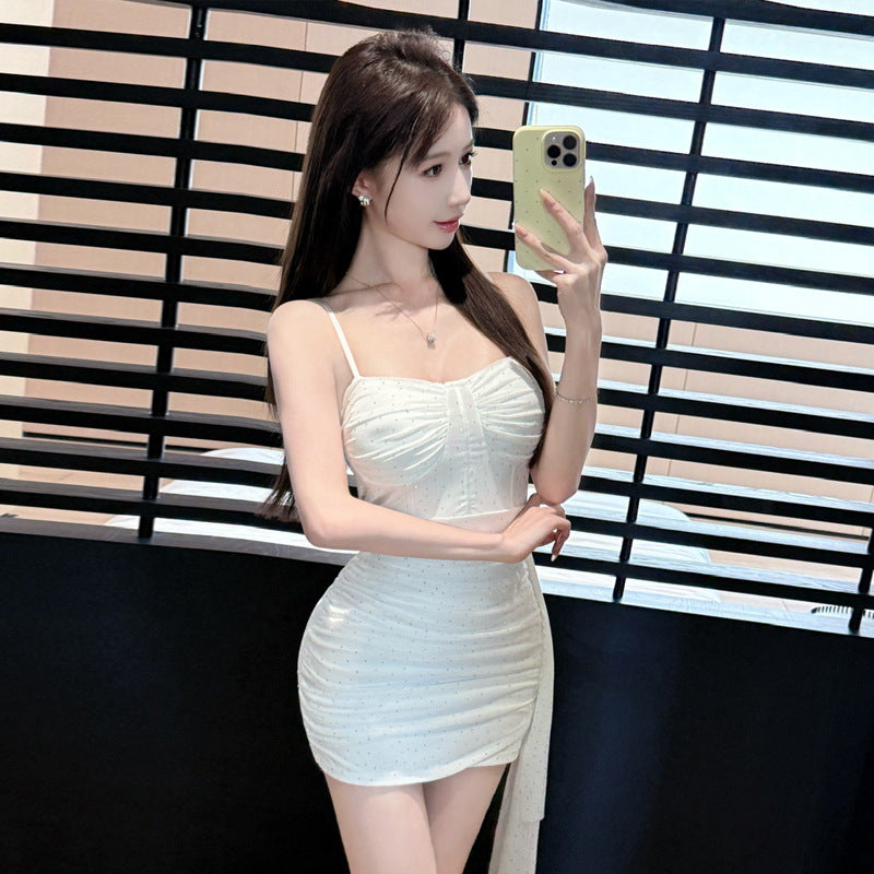 WOLFF | Mesh Spaghetti-Träger Bodycon Fransenkleid
