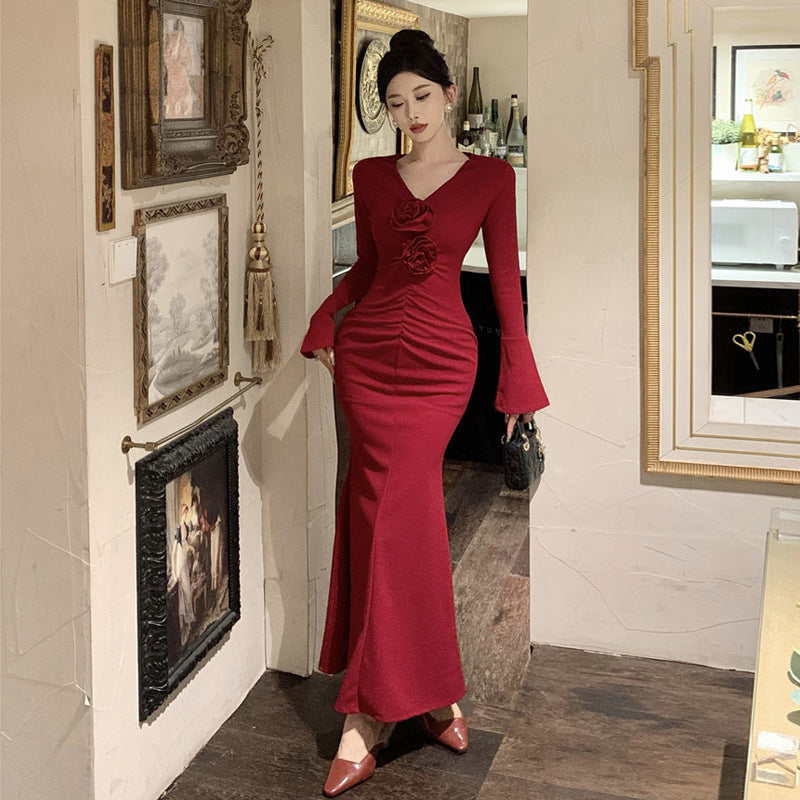 WOLFF | Elegante Slim Fit Glockenärmel Plissierte Abendkleid