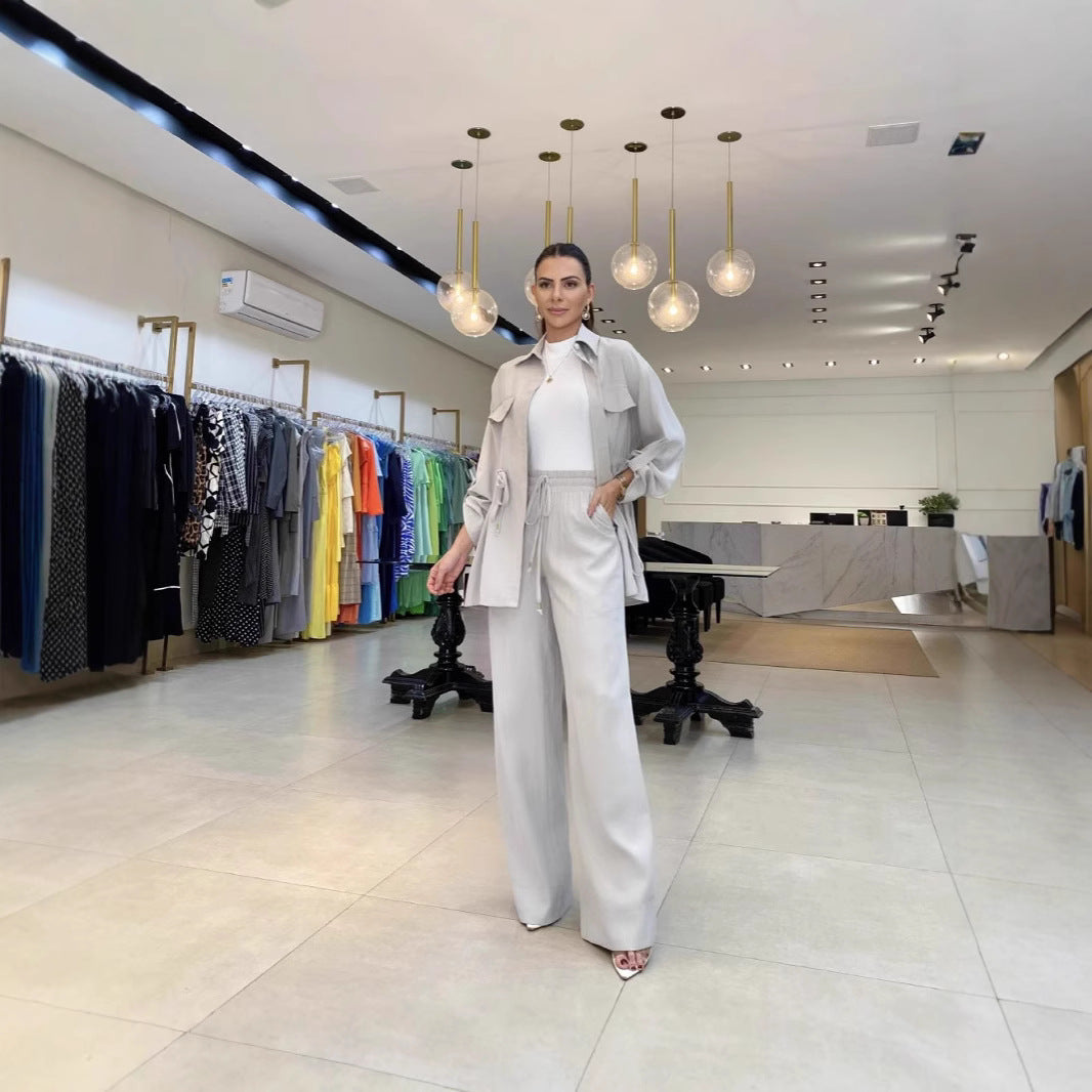 1Drawstring Long Sleeve Coat Long Pants Two-Piece Set