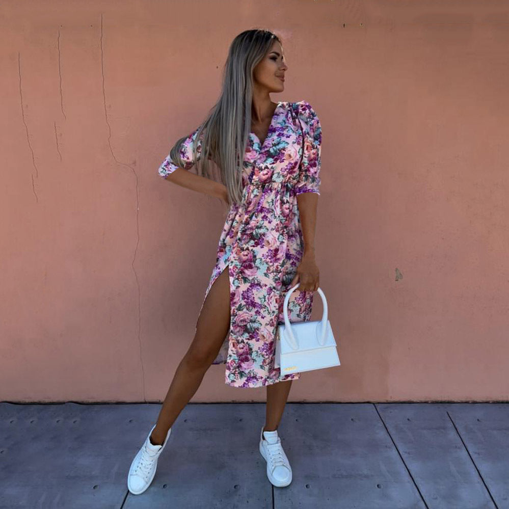 1Printed Waist-Cinched Mid-Sleeve Dress