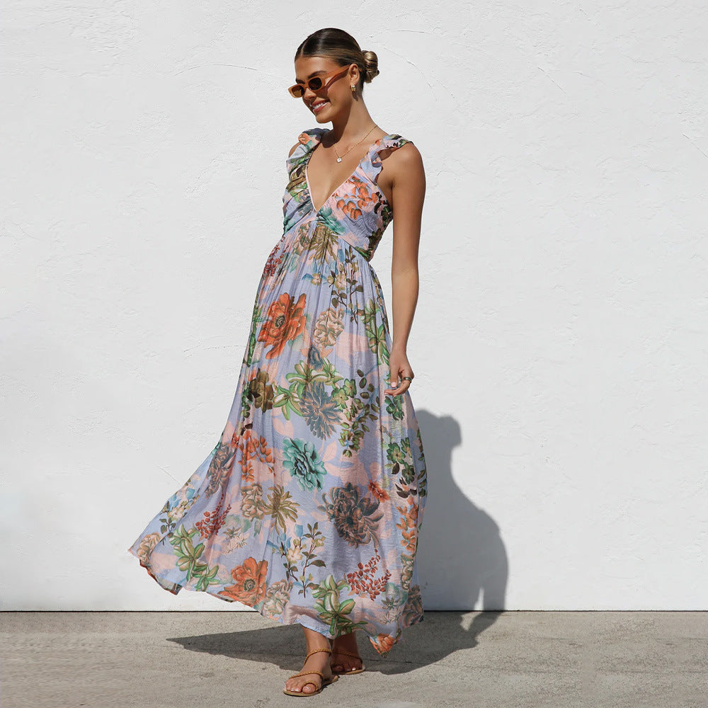 1Printed Lace Strap Vacation Beach Dress