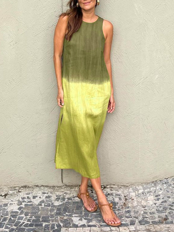 WOLFF | Baumwolle Leinen Ärmelloses Schlitz Gradient Kleid