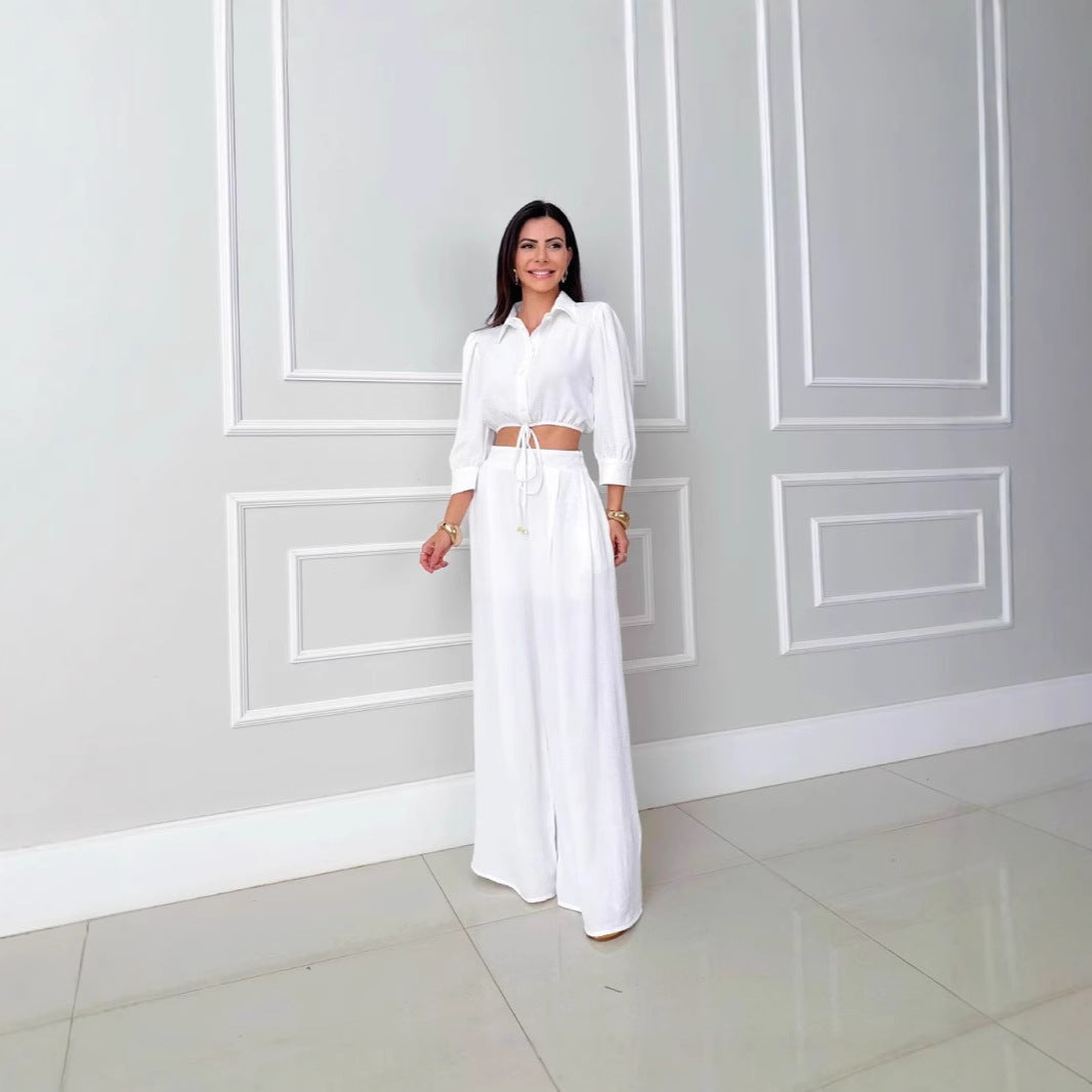 1Top High-Waisted Wide-Leg Pants Two-Piece Set