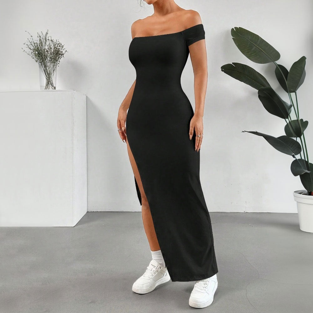 WOLFF | Off-Shoulder Split Mittel-Länge Rock Kleid