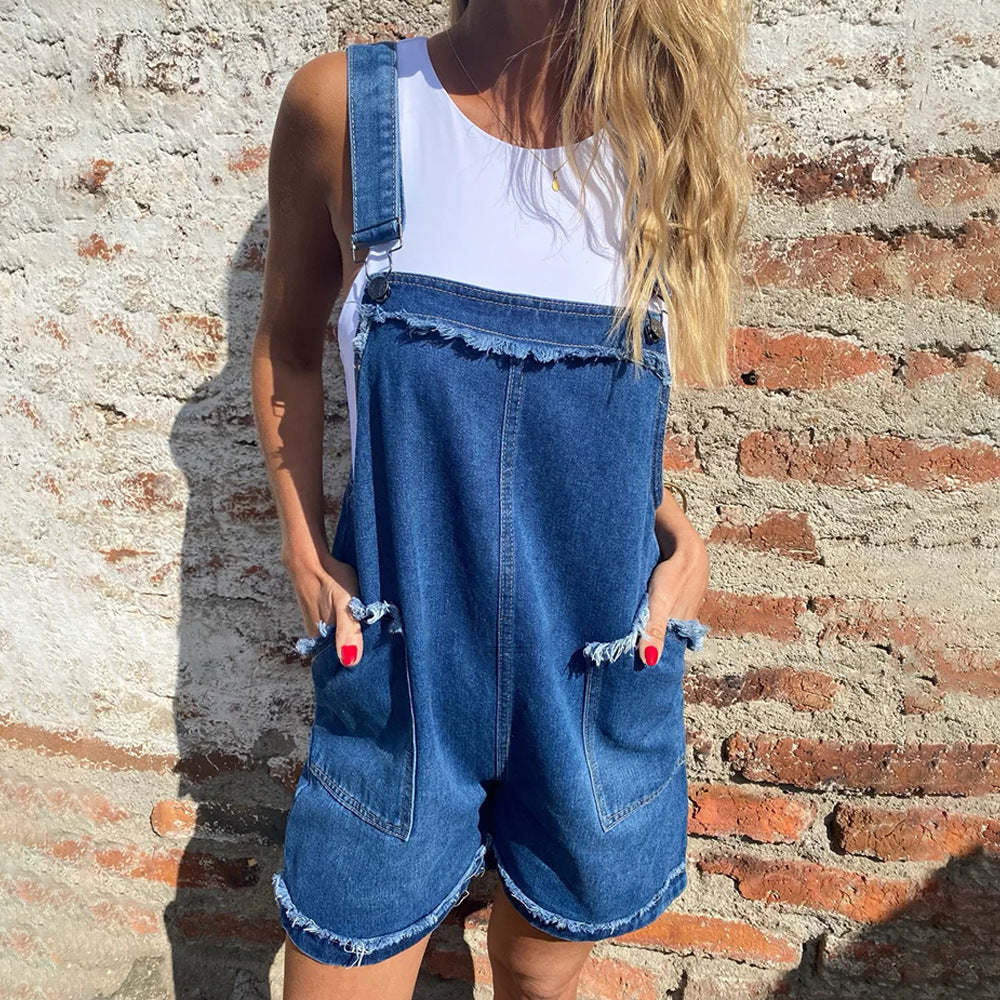 WOLFF | Gwaschtes Denim Einstellbarer Träger Overall Shorts Frühling