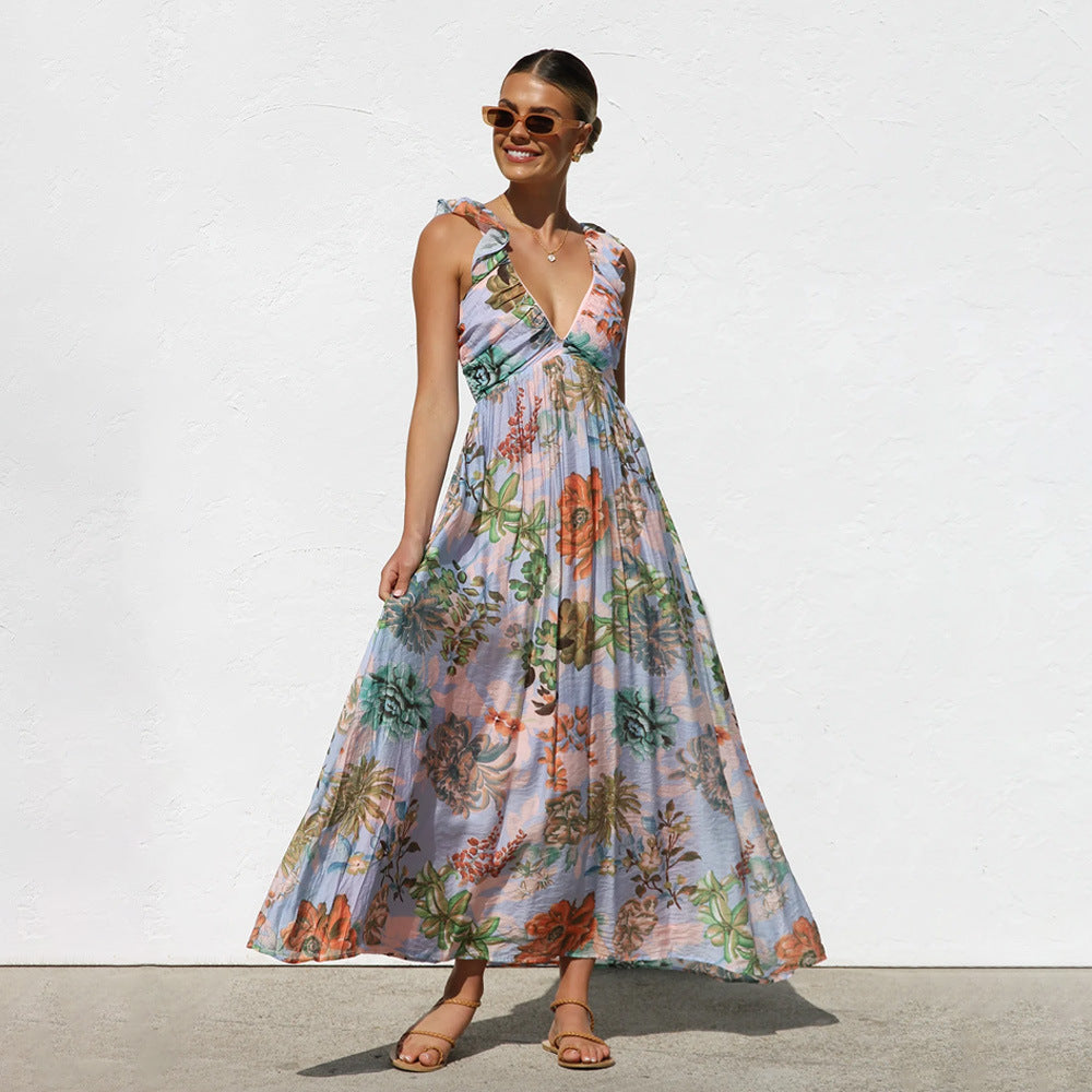 1Printed Lace Strap Vacation Beach Dress