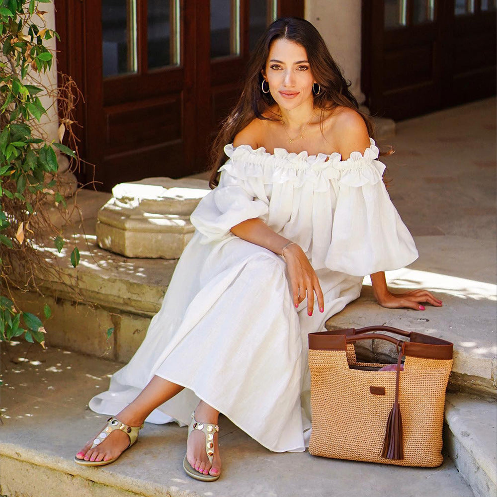 WOLFF | Puff-Ärmel Spitze Strandkleid mit Off-Shoulder-Design
