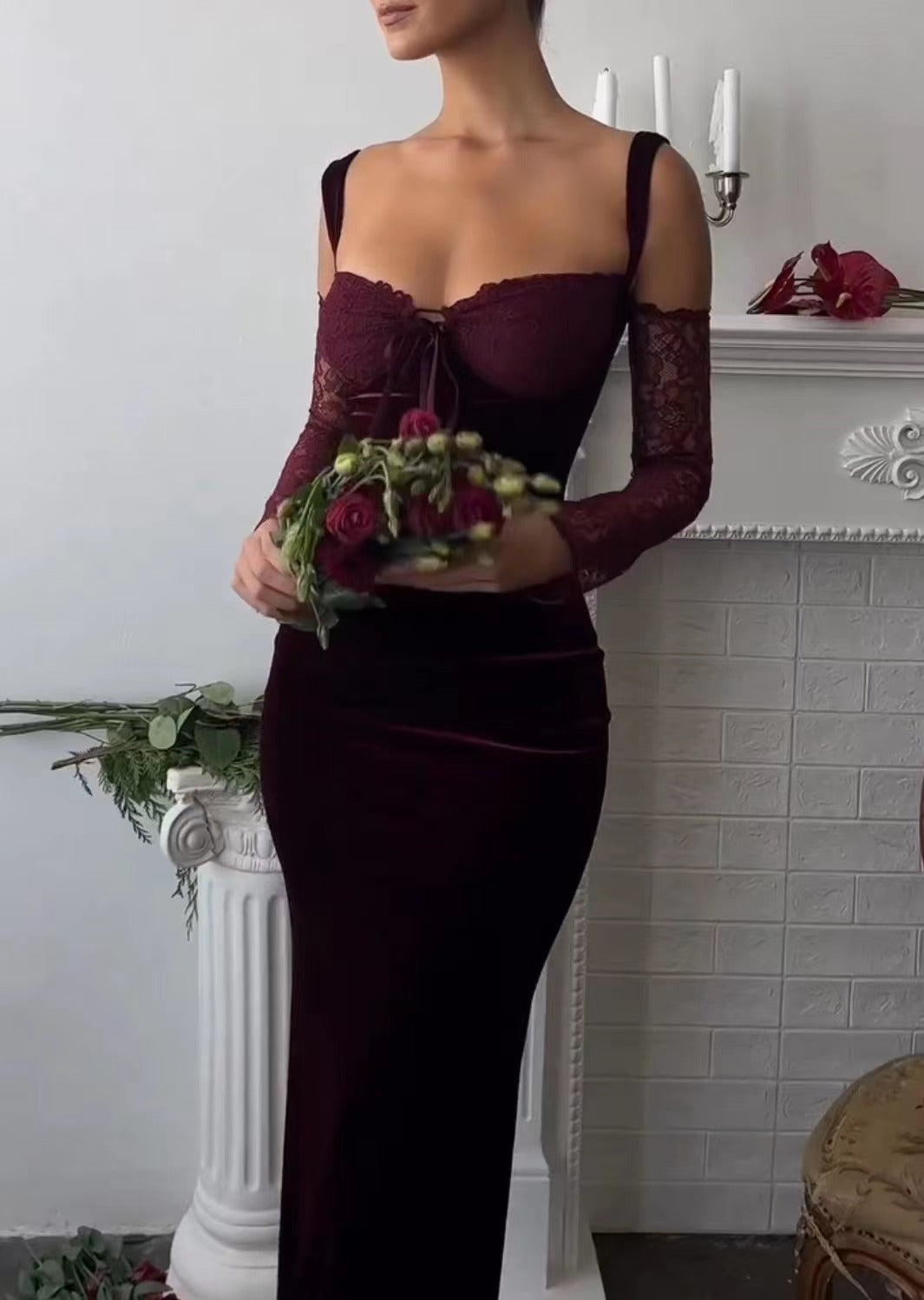 WOLFF | Spitzen-Träger Off-Shoulder Bodycon Langes Kleid