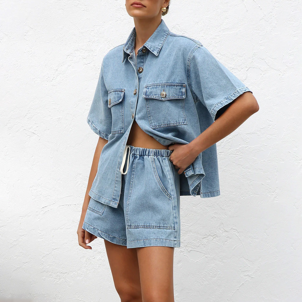 WOLFF | Lässiges Hemd Denim Shorts Zweiteiliges Sommer Set