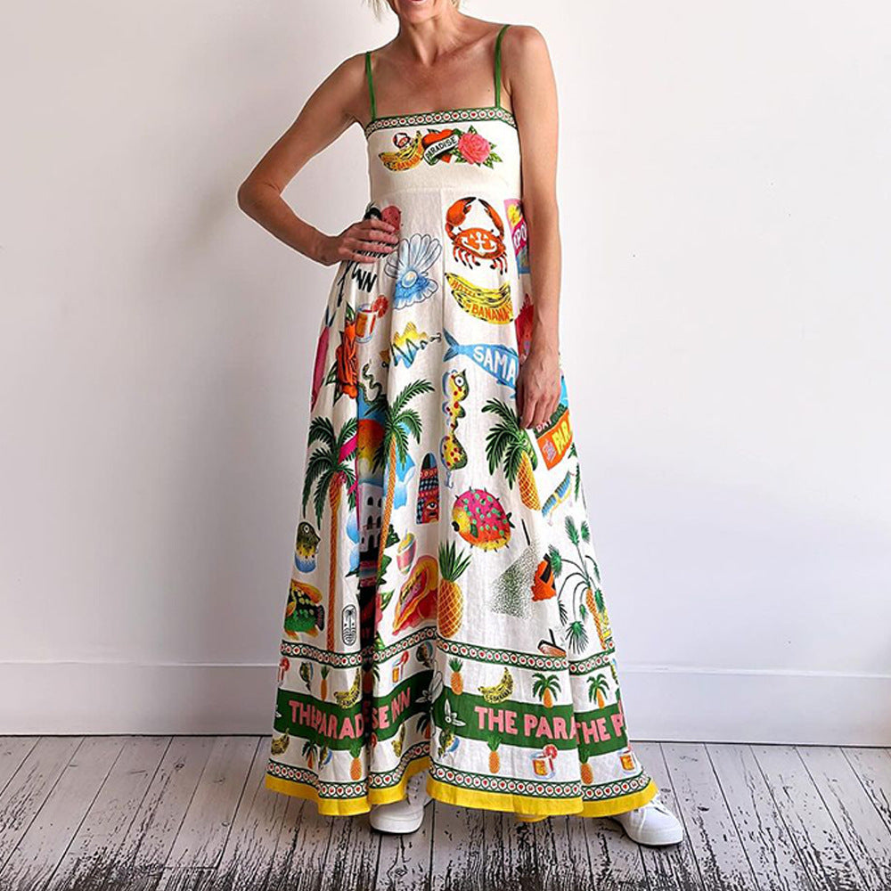 1Summer Sexy Printed Spaghetti Strap Holiday Long Dress