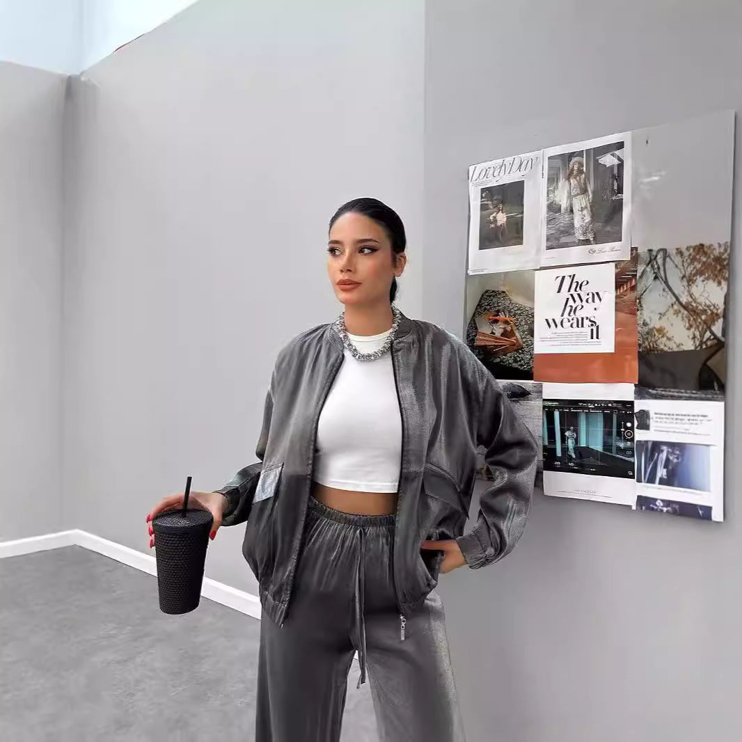 1Drawstring Long Pants Flight Jacket Two-Piece Set