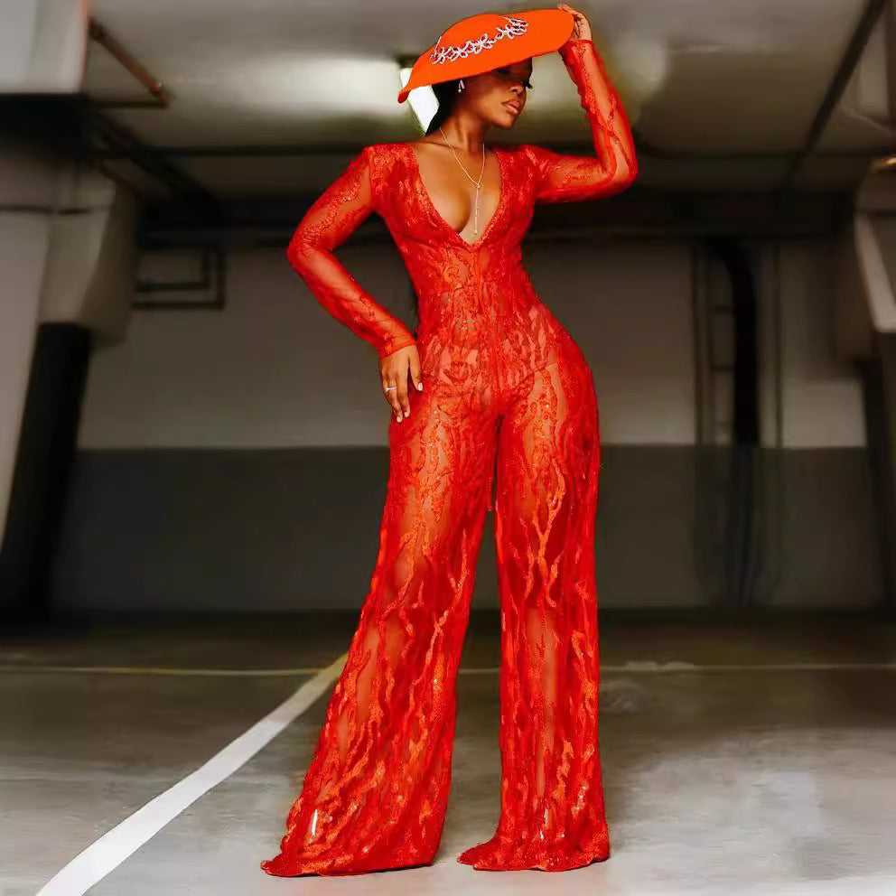 WOLFF | Goldsplashes Tiefe V Helle Rote Weite Hosen Overall