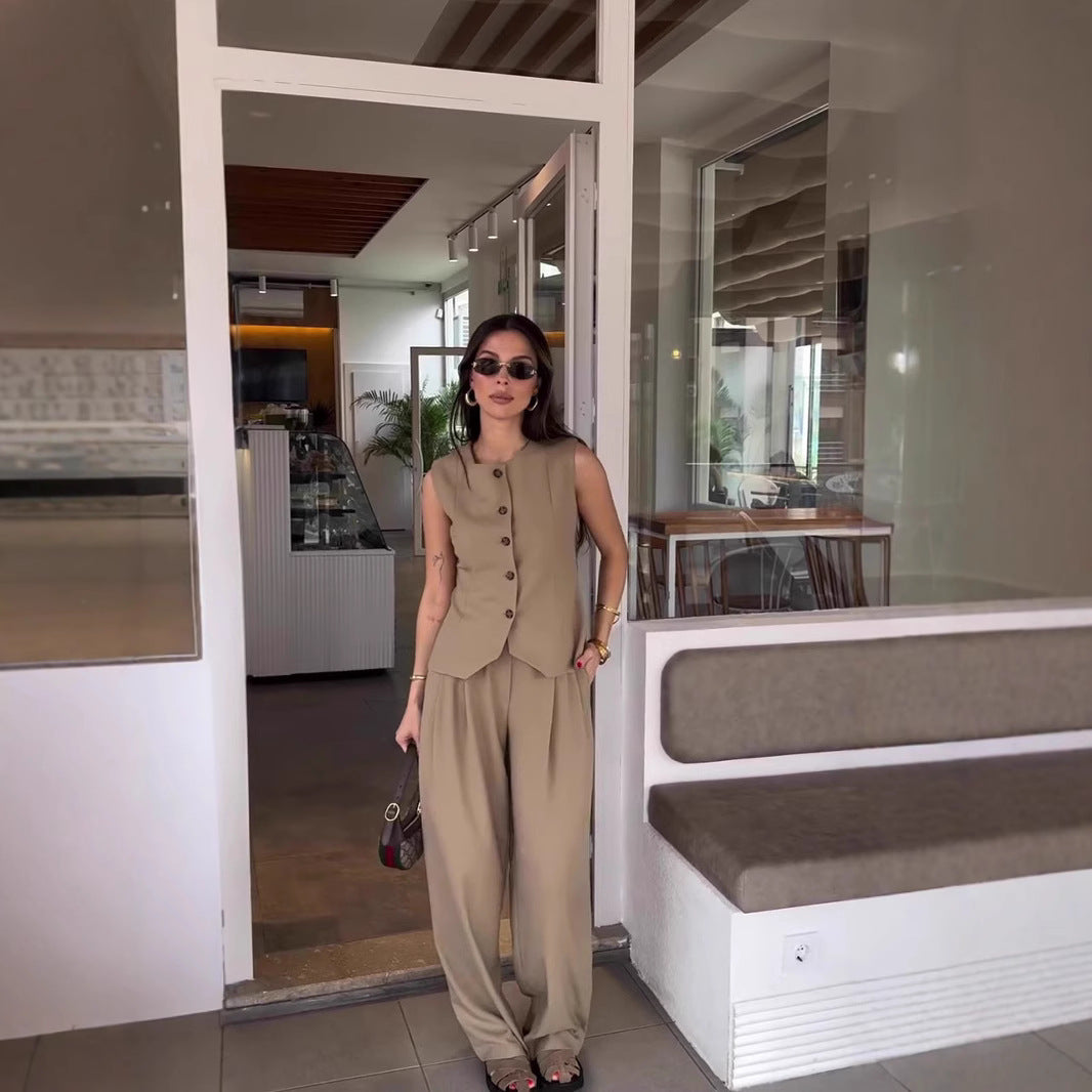 1Buttoned Vest Suit Long Pants Two-Piece Set