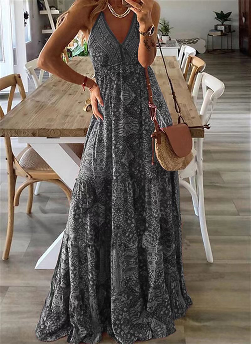 WOLFF | Hoch tailliertes V-Ausschnitt gedrucktes florales langes Kleid