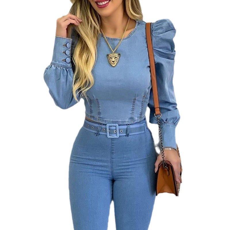 WOLFF | Denim Slim Fit Puff Sleeve Crop Top