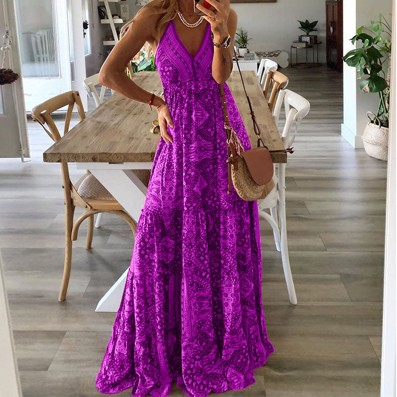 WOLFF | Hoch tailliertes V-Ausschnitt gedrucktes florales langes Kleid