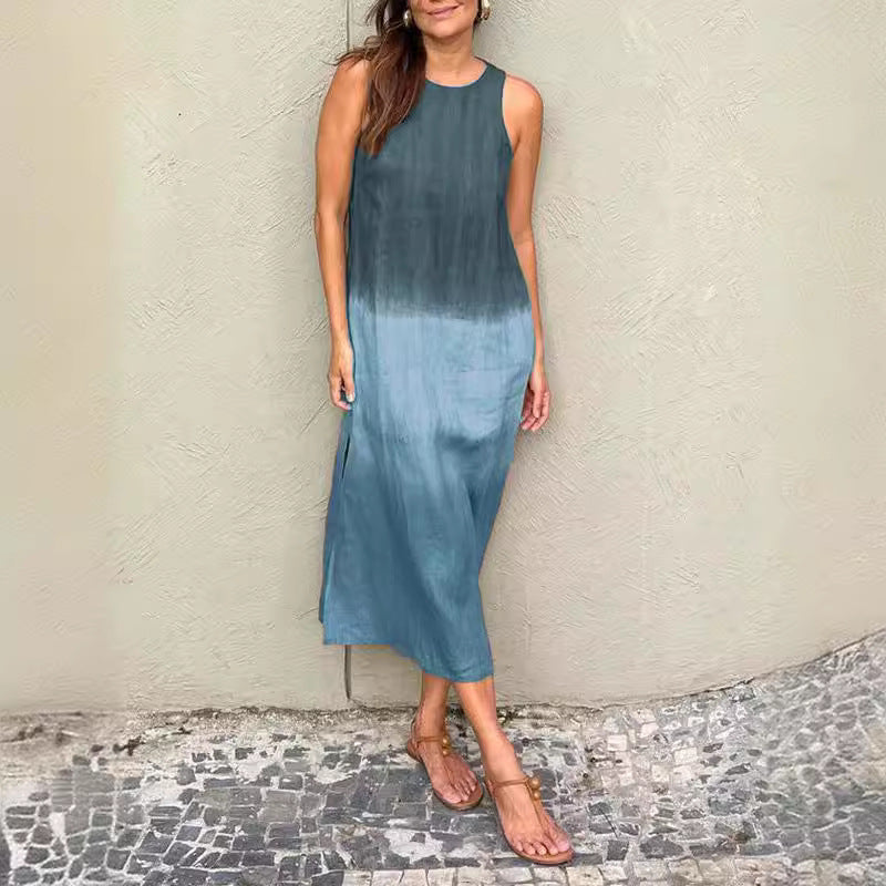 WOLFF | Baumwolle Leinen Ärmelloses Schlitz Gradient Kleid