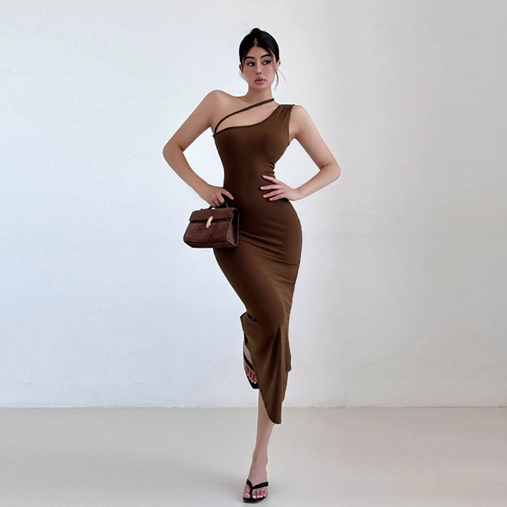 1Asymmetrical Neckline Ankle-Length Dress