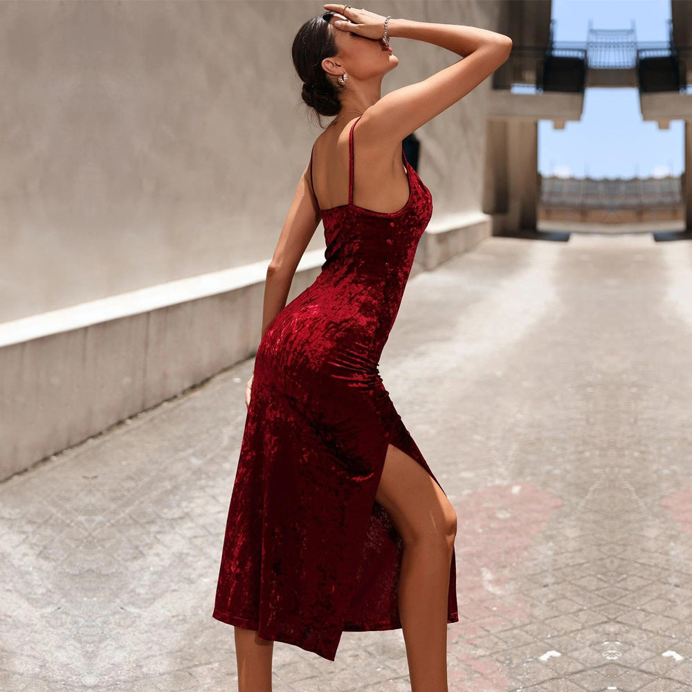 1Velvet Spaghetti Strap Side Slit Skirt