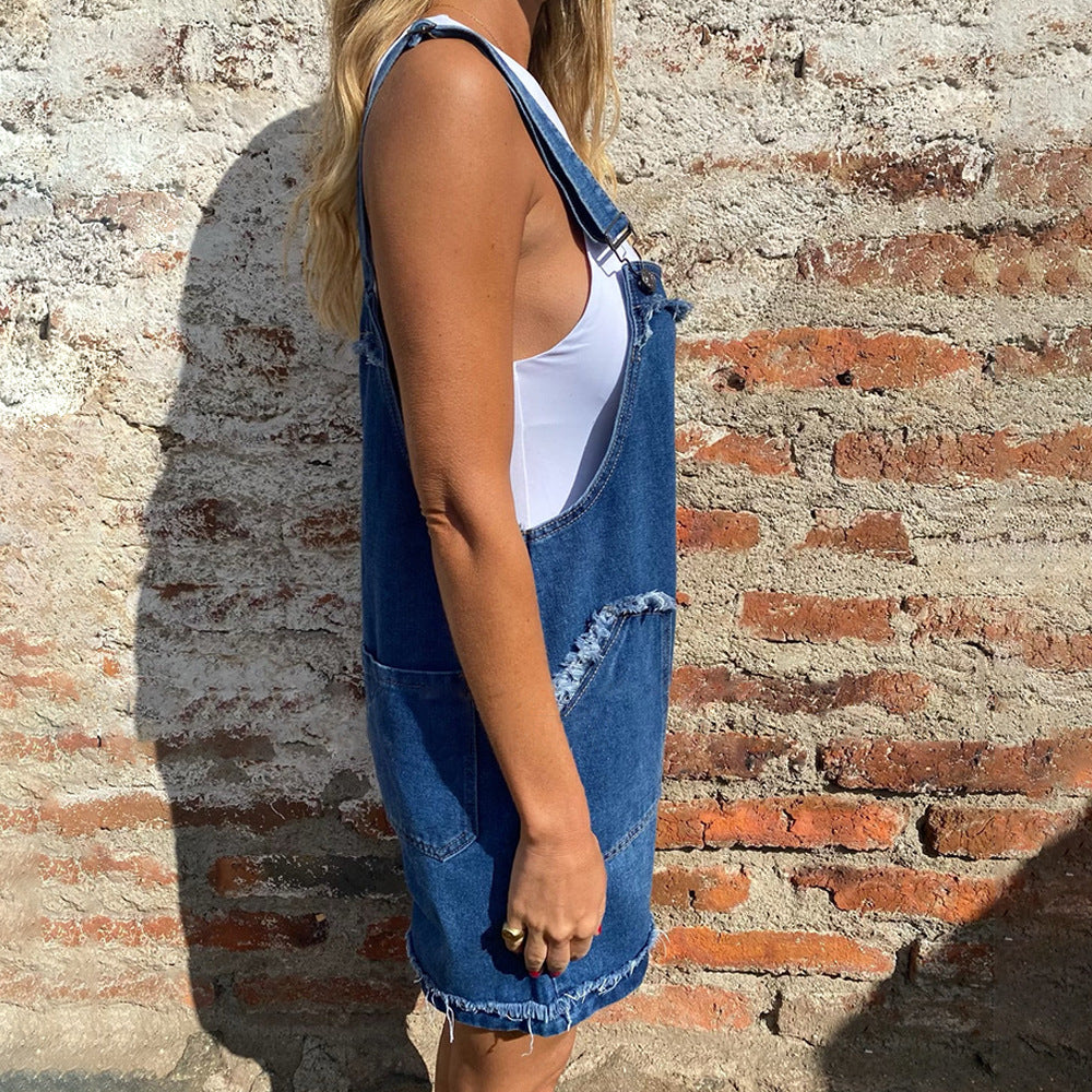 WOLFF | Gwaschtes Denim Einstellbarer Träger Overall Shorts Frühling