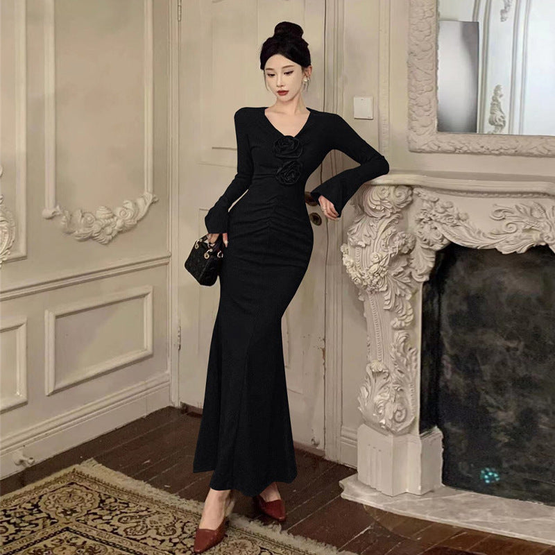 WOLFF | Elegante Slim Fit Glockenärmel Plissierte Abendkleid