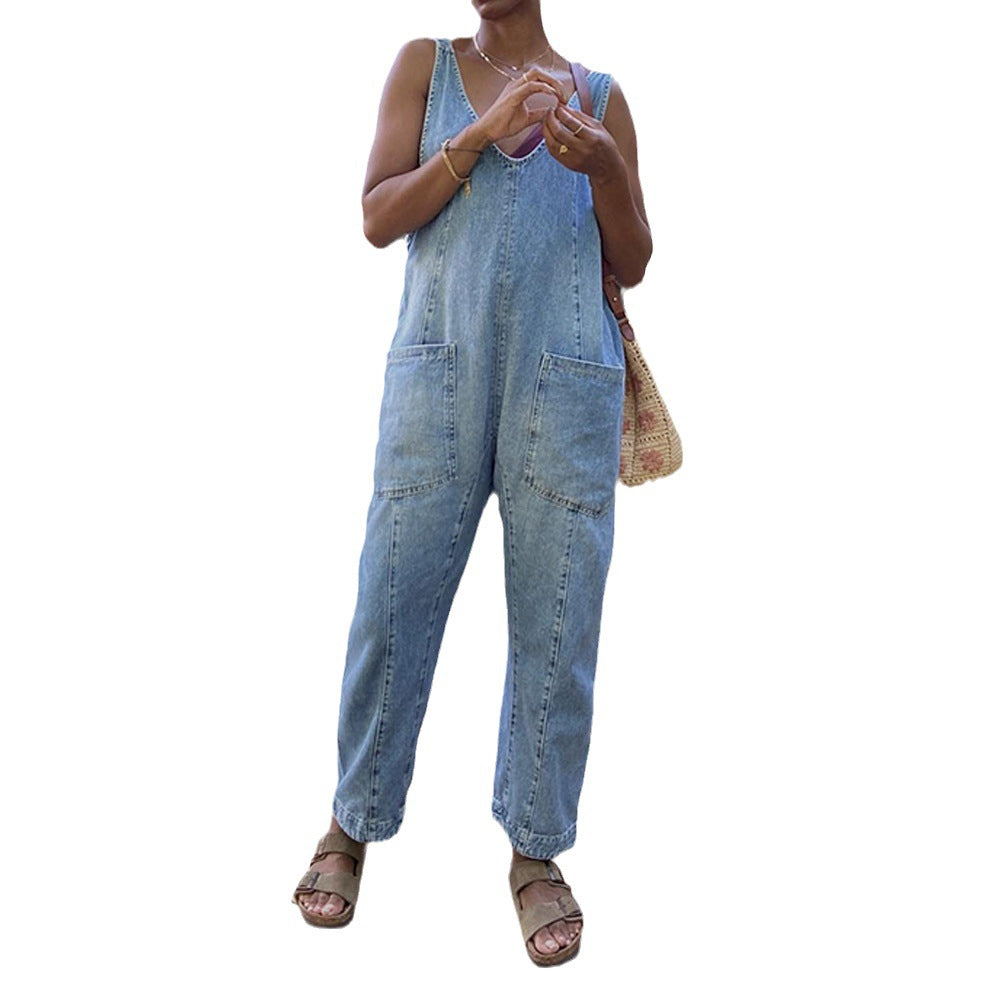 1Pocket Adjustable Strap Denim Jumpsuit
