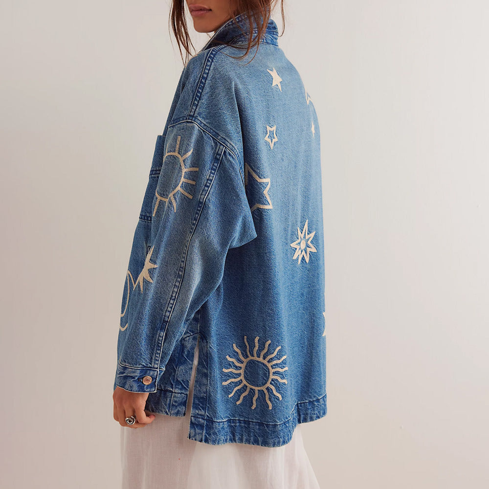 1Loose Casual Distressed Embroidered Denim Jacket