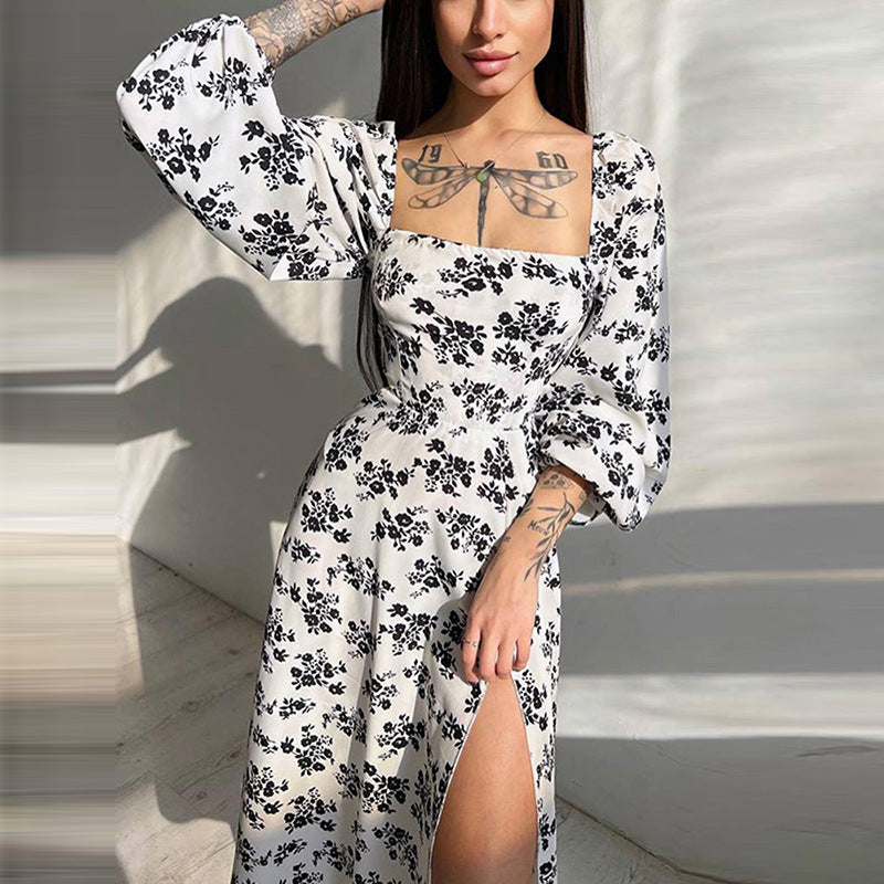 WOLFF | Elegantes bedrucktes rückenfreies Kleid mit Schlitzträgern