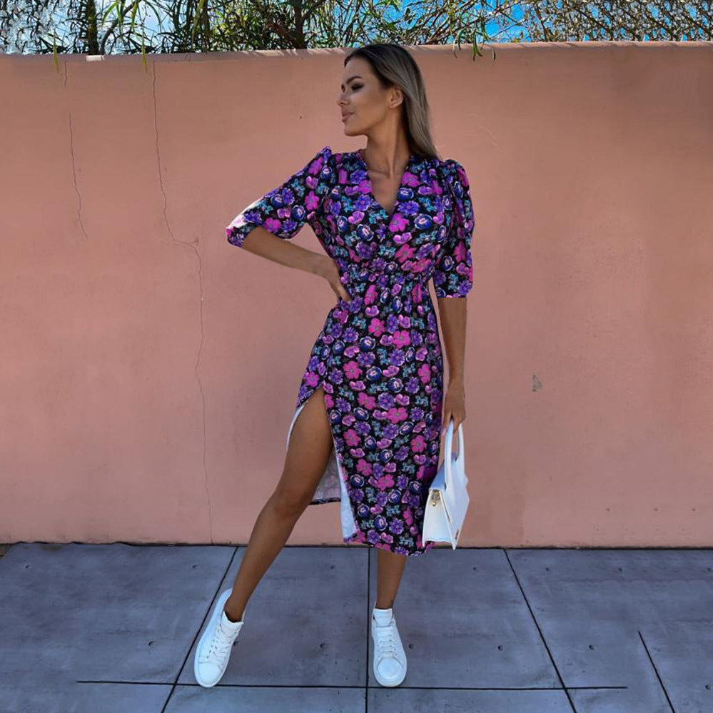 1Printed Waist-Cinched Mid-Sleeve Dress