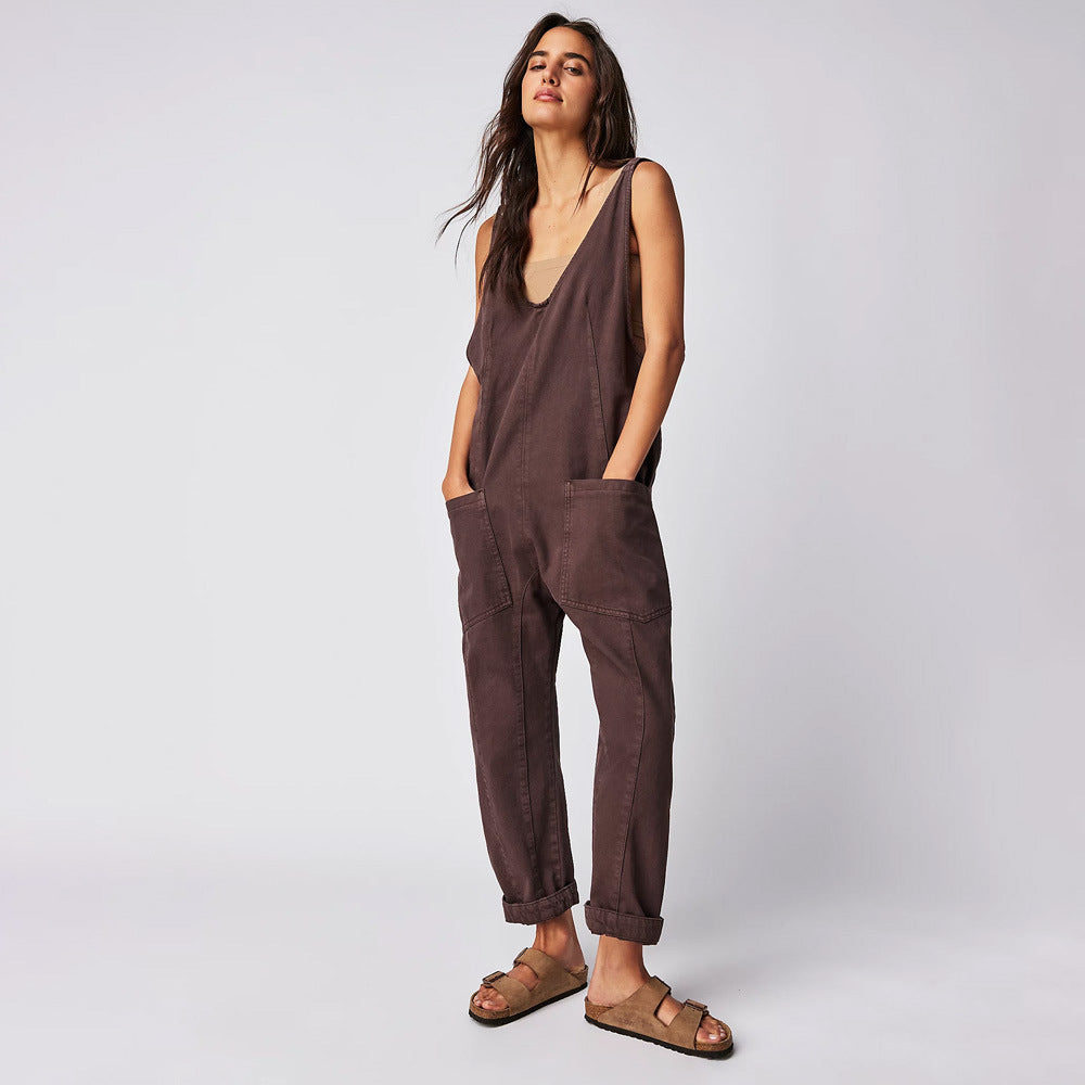 1Pocket Adjustable Strap Denim Jumpsuit
