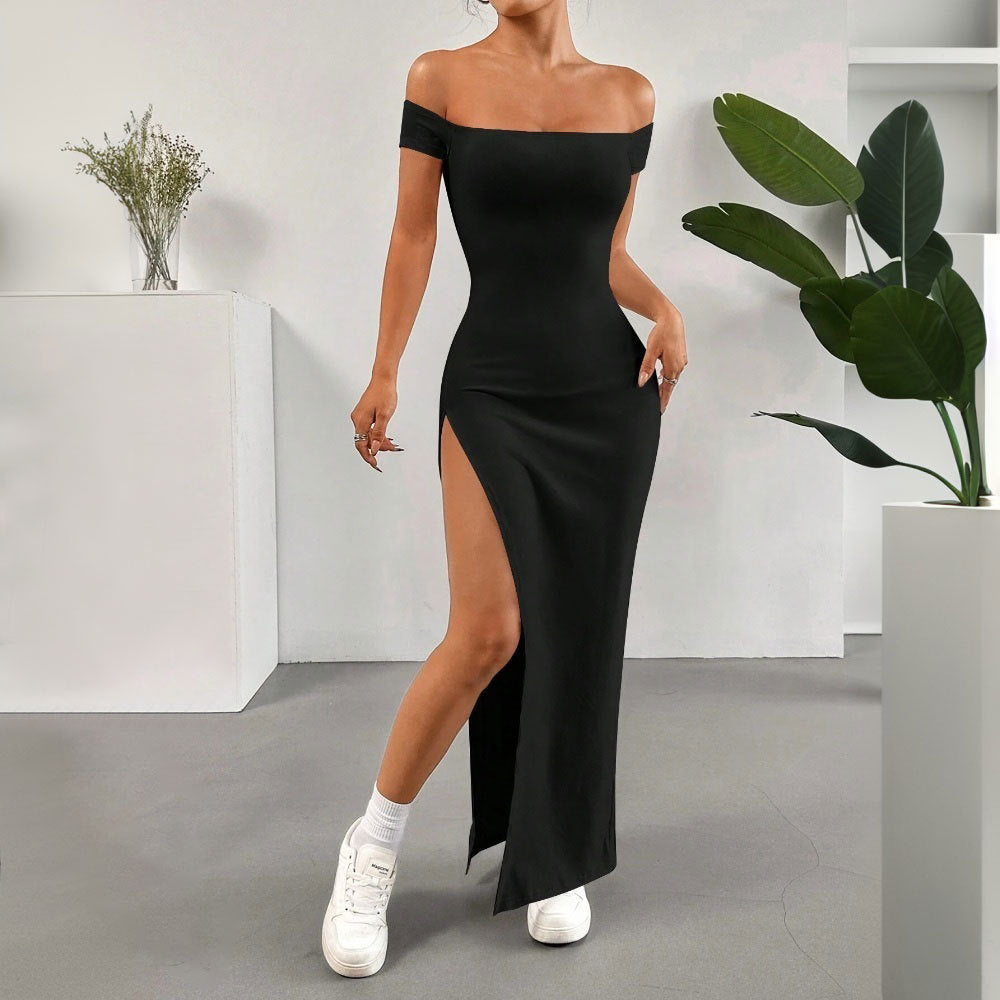 WOLFF | Off-Shoulder Split Mittel-Länge Rock Kleid