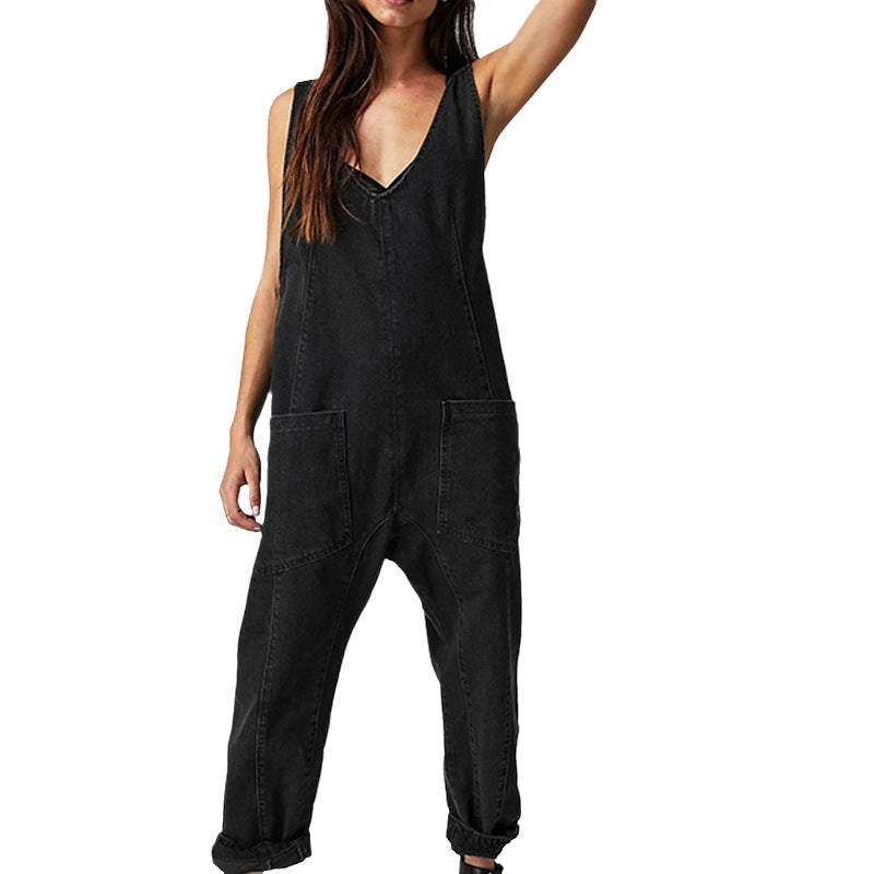 1Pocket Adjustable Strap Denim Jumpsuit