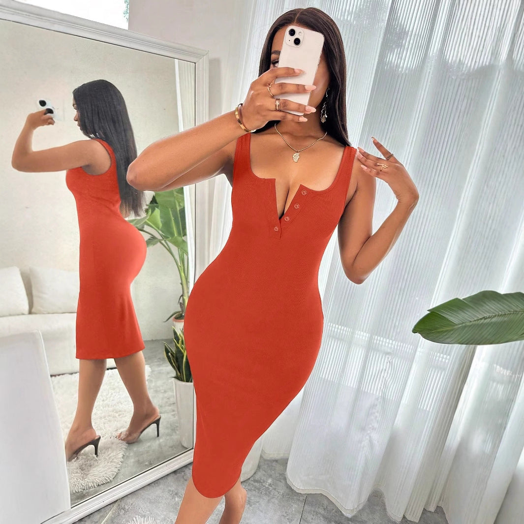 1Spaghetti Strap Bodycon Mid-Length Skirt Dress
